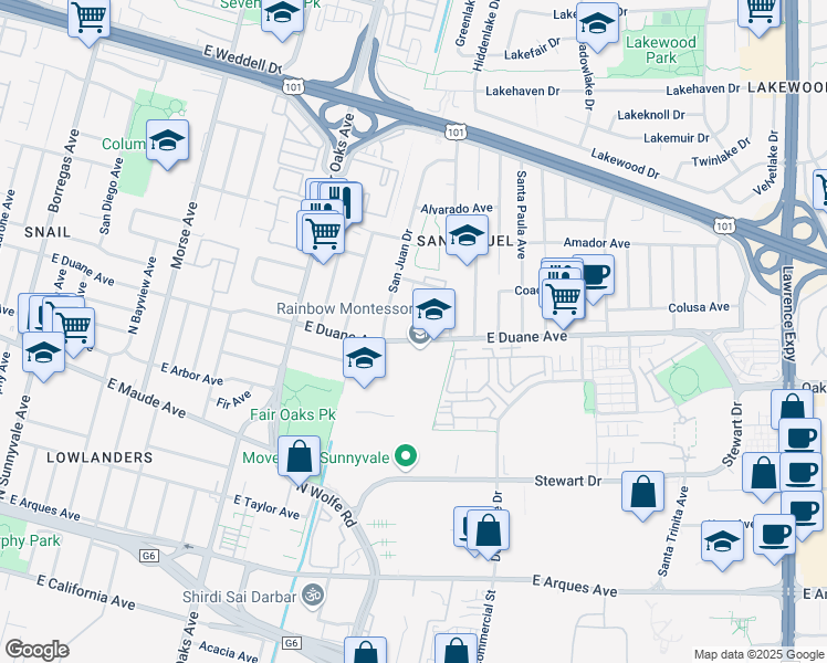 map of restaurants, bars, coffee shops, grocery stores, and more near 755 East Duane Avenue in Sunnyvale