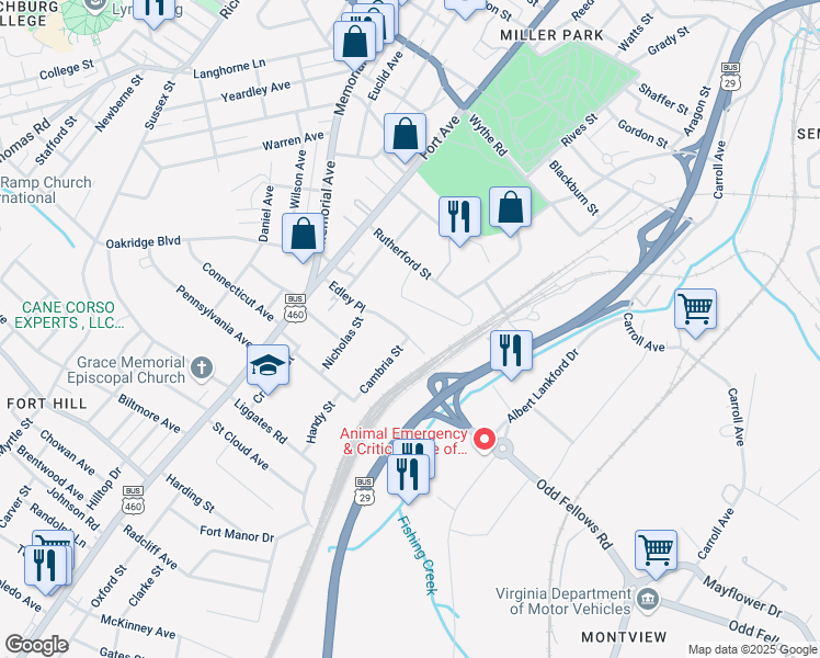 map of restaurants, bars, coffee shops, grocery stores, and more near 1436 Edley Place in Lynchburg