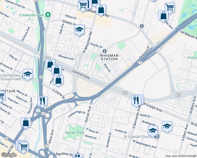 map of restaurants, bars, coffee shops, grocery stores, and more near 427 Nicholas Drive in Mountain View