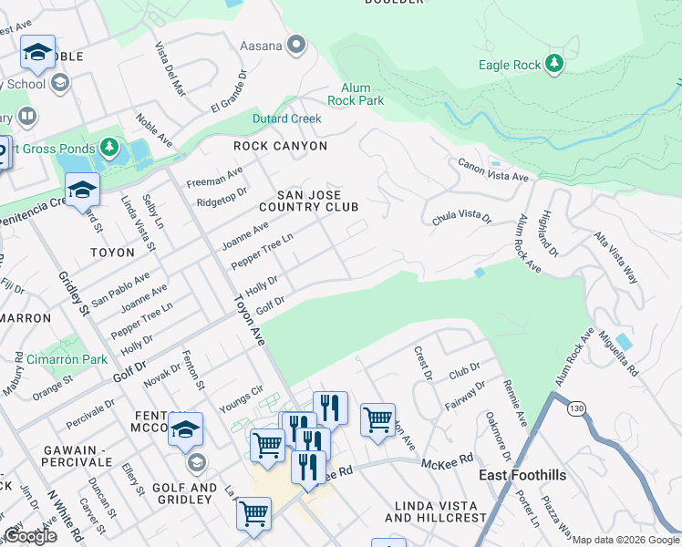 map of restaurants, bars, coffee shops, grocery stores, and more near 4077 Golf Drive in San Jose