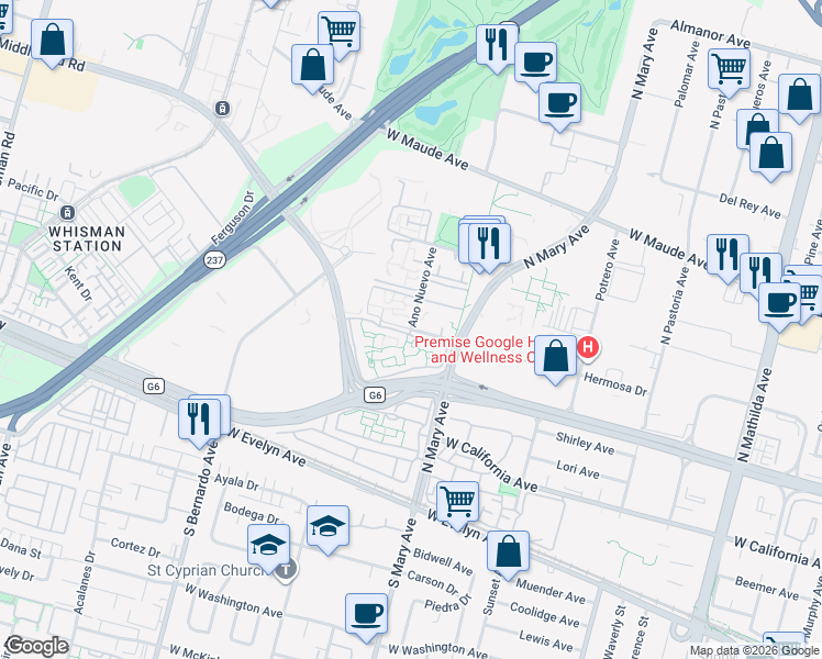 map of restaurants, bars, coffee shops, grocery stores, and more near 701 Escalon Avenue in Sunnyvale