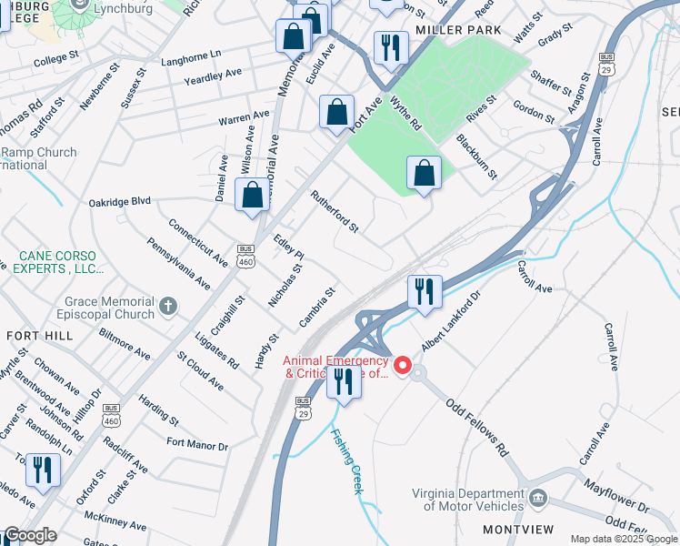 map of restaurants, bars, coffee shops, grocery stores, and more near 1436 Edley Place in Lynchburg