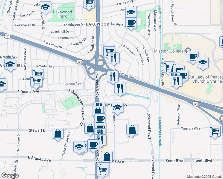 map of restaurants, bars, coffee shops, grocery stores, and more near 1265 Lakeside Drive in Sunnyvale