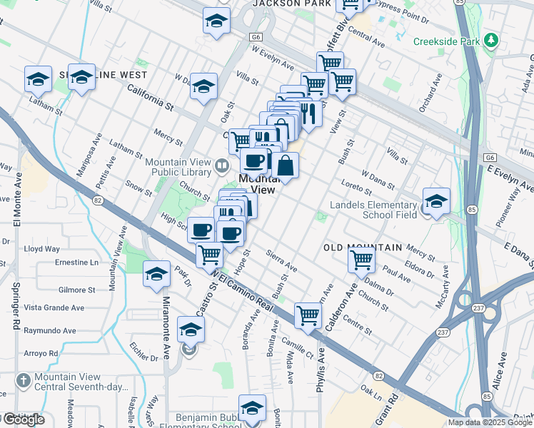 map of restaurants, bars, coffee shops, grocery stores, and more near 531 Hope Street in Mountain View