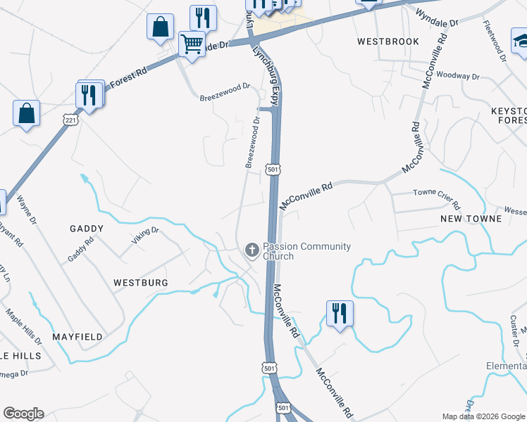 map of restaurants, bars, coffee shops, grocery stores, and more near Lynchburg Expressway in Lynchburg