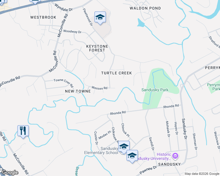 map of restaurants, bars, coffee shops, grocery stores, and more near Wessex Road in Lynchburg
