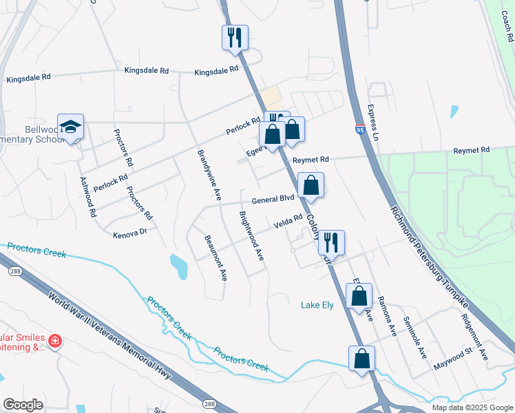 map of restaurants, bars, coffee shops, grocery stores, and more near 2715 General Boulevard in Richmond