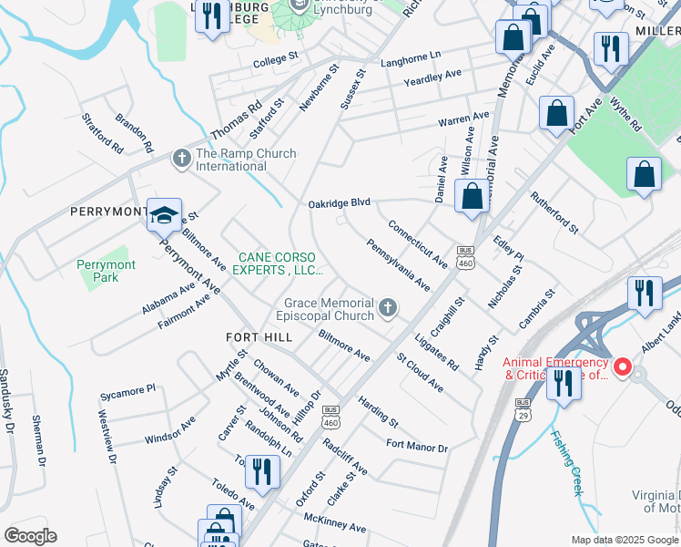 map of restaurants, bars, coffee shops, grocery stores, and more near 910 New Hampshire Avenue in Lynchburg