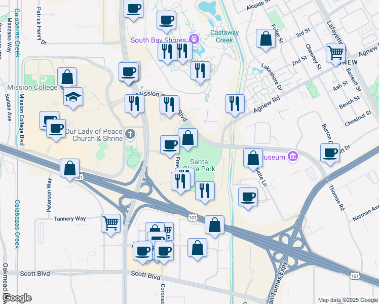 map of restaurants, bars, coffee shops, grocery stores, and more near 3990 Freedom Circle in Santa Clara