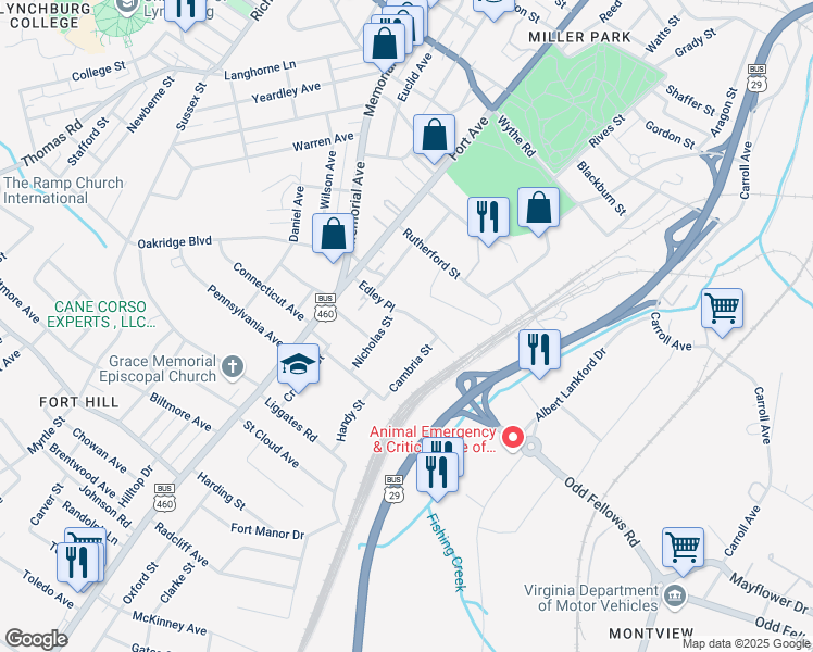 map of restaurants, bars, coffee shops, grocery stores, and more near 1415 Edley Pl in Lynchburg