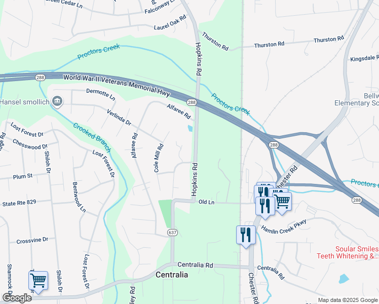 map of restaurants, bars, coffee shops, grocery stores, and more near 9546 Hopkins Road in Richmond