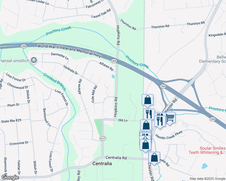 map of restaurants, bars, coffee shops, grocery stores, and more near 9546 Hopkins Road in Richmond