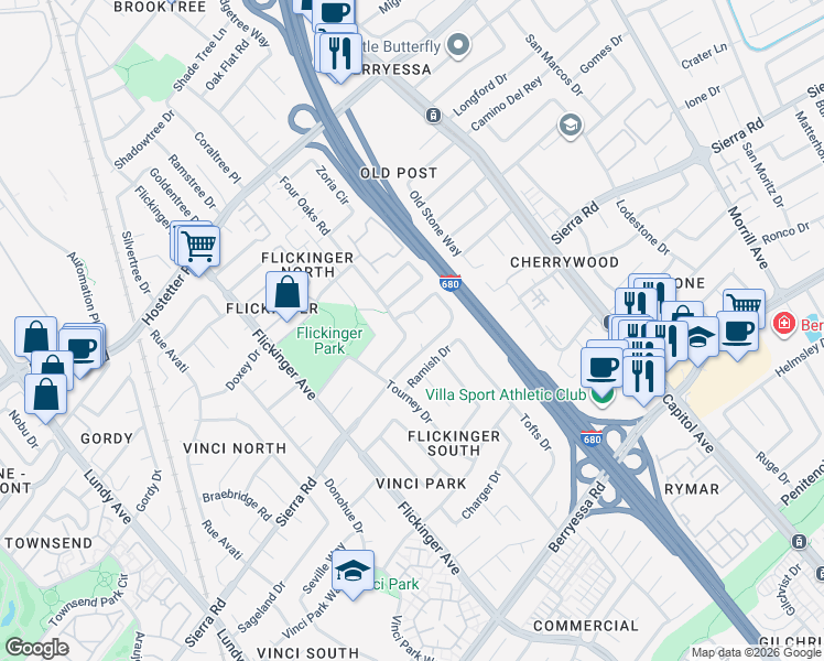 map of restaurants, bars, coffee shops, grocery stores, and more near 1388 4 Oaks Road in San Jose