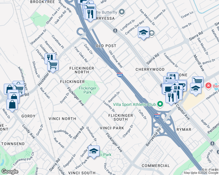map of restaurants, bars, coffee shops, grocery stores, and more near 1388 4 Oaks Road in San Jose