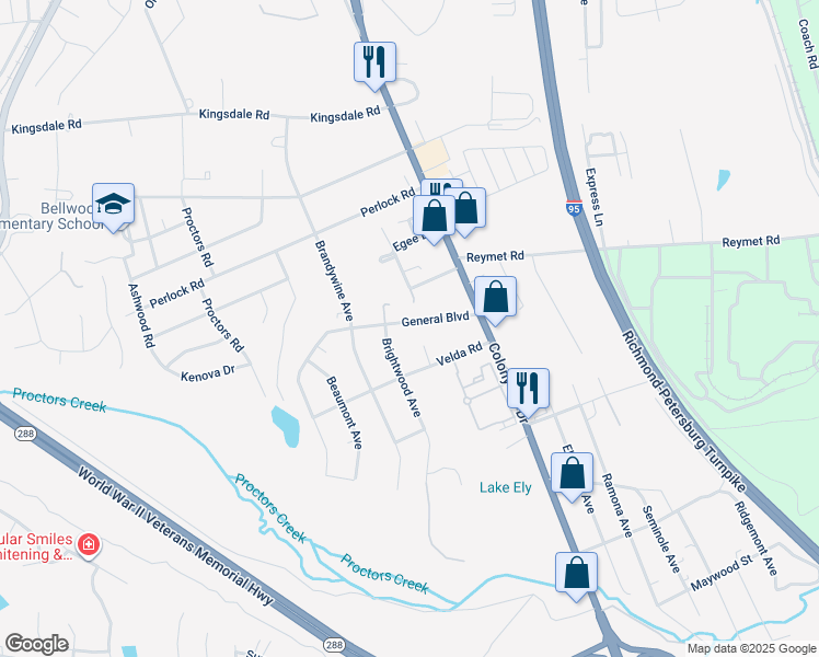 map of restaurants, bars, coffee shops, grocery stores, and more near 2715 General Boulevard in Richmond