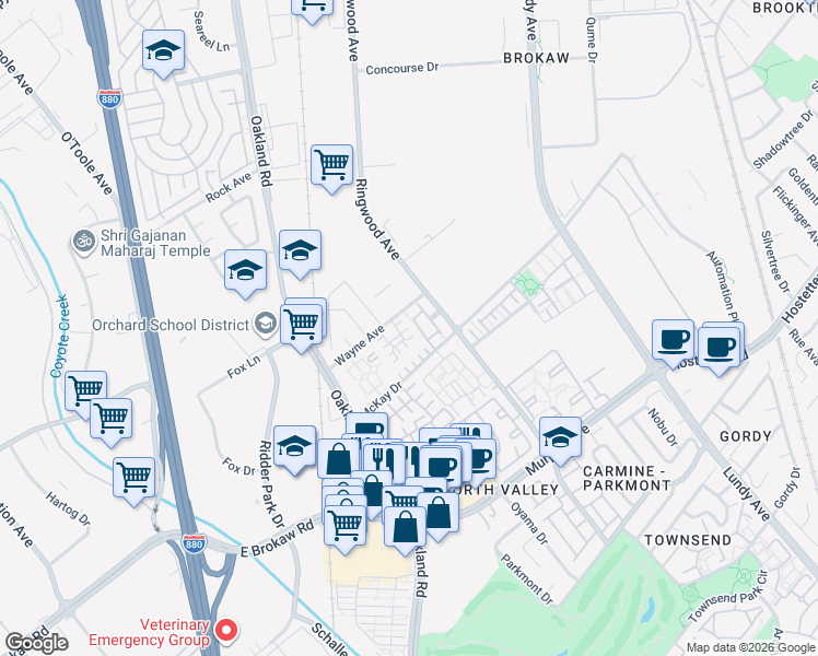 map of restaurants, bars, coffee shops, grocery stores, and more near 1980 Wayne Circle in San Jose