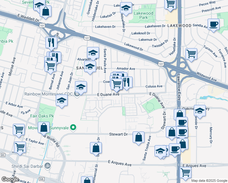 map of restaurants, bars, coffee shops, grocery stores, and more near 647 San Pedro Avenue in Sunnyvale