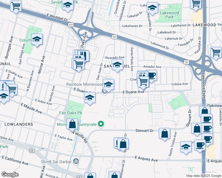 map of restaurants, bars, coffee shops, grocery stores, and more near 763 San Justo Court in Sunnyvale