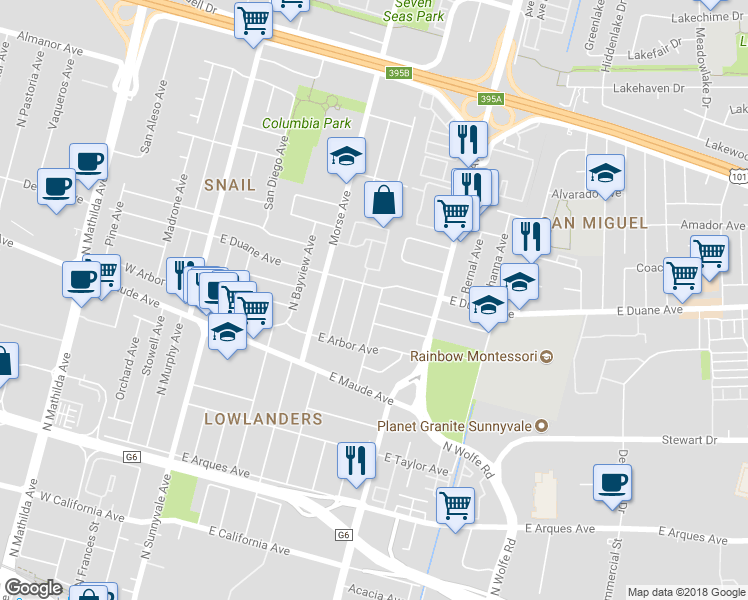 map of restaurants, bars, coffee shops, grocery stores, and more near 554 East Duane Avenue in Sunnyvale