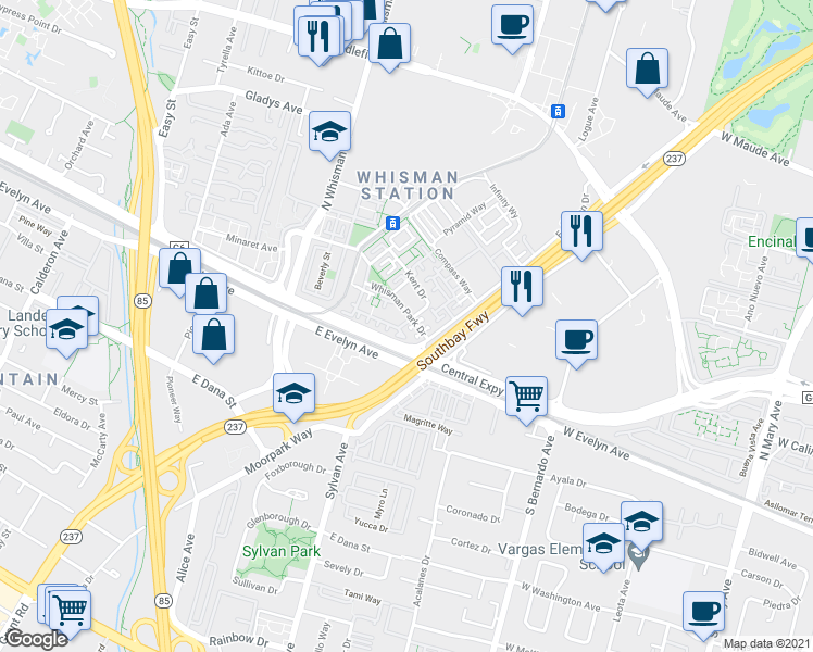 map of restaurants, bars, coffee shops, grocery stores, and more near 448 Whisman Park Drive in Mountain View