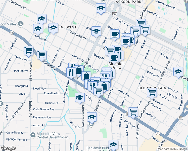 map of restaurants, bars, coffee shops, grocery stores, and more near 651 Franklin Street in Mountain View