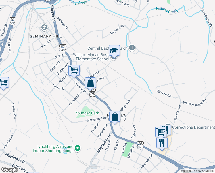 map of restaurants, bars, coffee shops, grocery stores, and more near 1908 Pocahontas Street in Lynchburg
