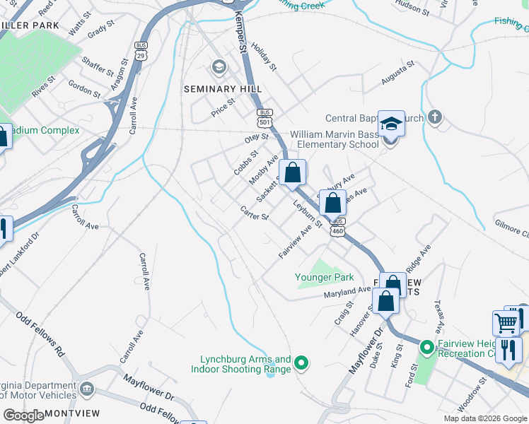 map of restaurants, bars, coffee shops, grocery stores, and more near 2304 Sackett Street in Lynchburg