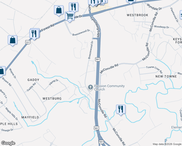 map of restaurants, bars, coffee shops, grocery stores, and more near 112-198 Hartless Ln in Lynchburg