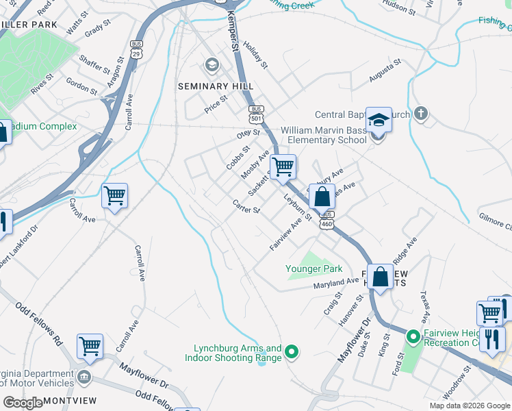 map of restaurants, bars, coffee shops, grocery stores, and more near 2304 Sackett Street in Lynchburg