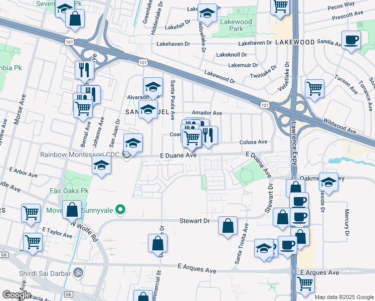 map of restaurants, bars, coffee shops, grocery stores, and more near 647 San Pedro Avenue in Sunnyvale