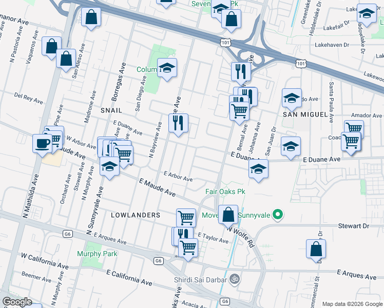 map of restaurants, bars, coffee shops, grocery stores, and more near 554 East Duane Avenue in Sunnyvale