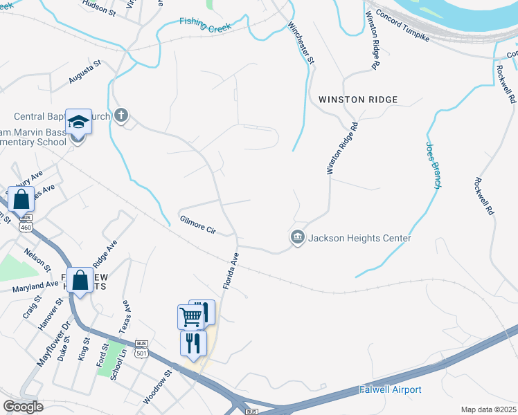 map of restaurants, bars, coffee shops, grocery stores, and more near 720 Mayberry Street in Lynchburg