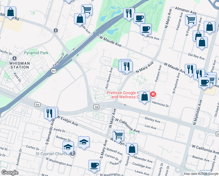map of restaurants, bars, coffee shops, grocery stores, and more near 701 Escalon Avenue in Sunnyvale