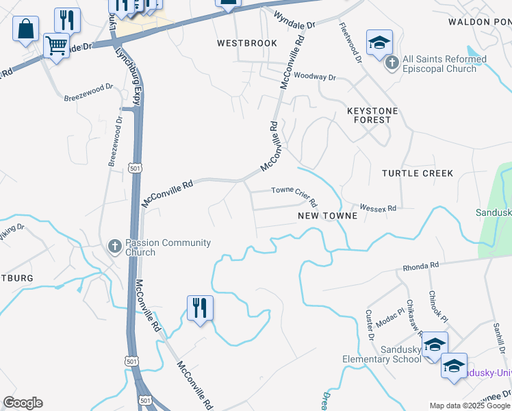 map of restaurants, bars, coffee shops, grocery stores, and more near 300 Blackhawke Drive in Lynchburg