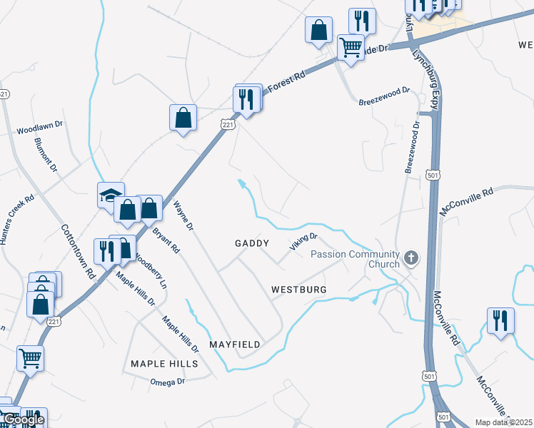 map of restaurants, bars, coffee shops, grocery stores, and more near 105 Creekview Court in Lynchburg