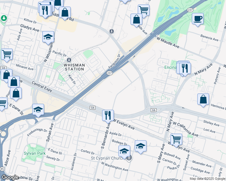 map of restaurants, bars, coffee shops, grocery stores, and more near 345 Ravendale Drive in Mountain View