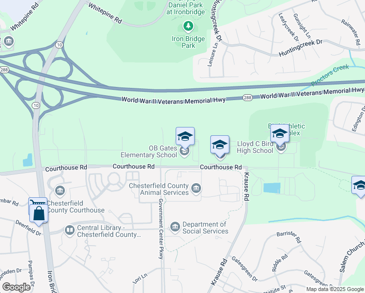 map of restaurants, bars, coffee shops, grocery stores, and more near 10001 Courthouse Road in Chesterfield