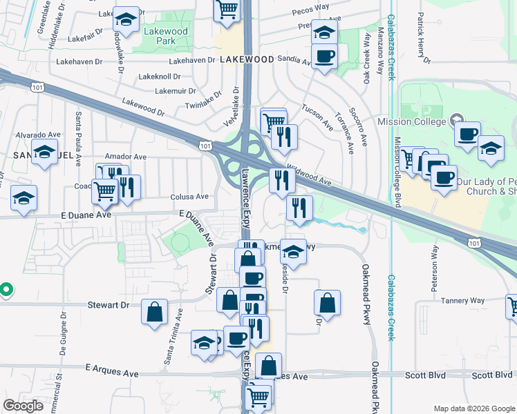 map of restaurants, bars, coffee shops, grocery stores, and more near 1251 Lakeside Dr in Sunnyvale