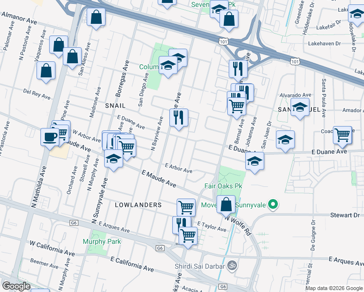 map of restaurants, bars, coffee shops, grocery stores, and more near 589 Gresham Avenue in Sunnyvale