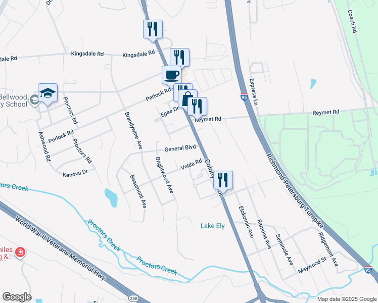 map of restaurants, bars, coffee shops, grocery stores, and more near 2615 General Boulevard in Richmond
