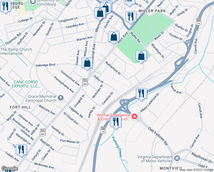 map of restaurants, bars, coffee shops, grocery stores, and more near 1415 Edley Pl in Lynchburg