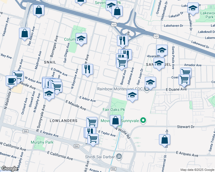 map of restaurants, bars, coffee shops, grocery stores, and more near 580 East Duane Avenue in Sunnyvale