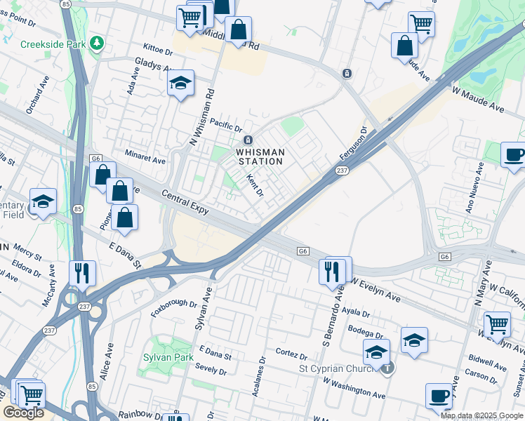 map of restaurants, bars, coffee shops, grocery stores, and more near 462 Whisman Park Drive in Mountain View