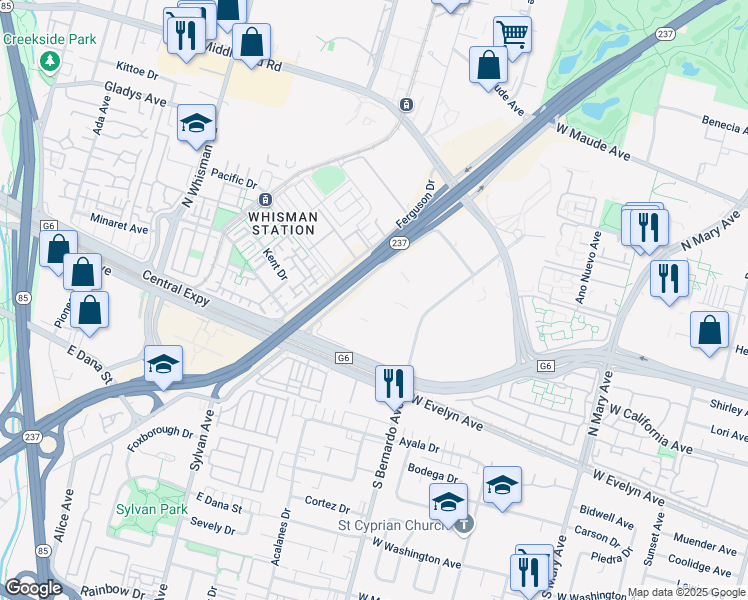 map of restaurants, bars, coffee shops, grocery stores, and more near 303 Ravendale Dr in Mountain View