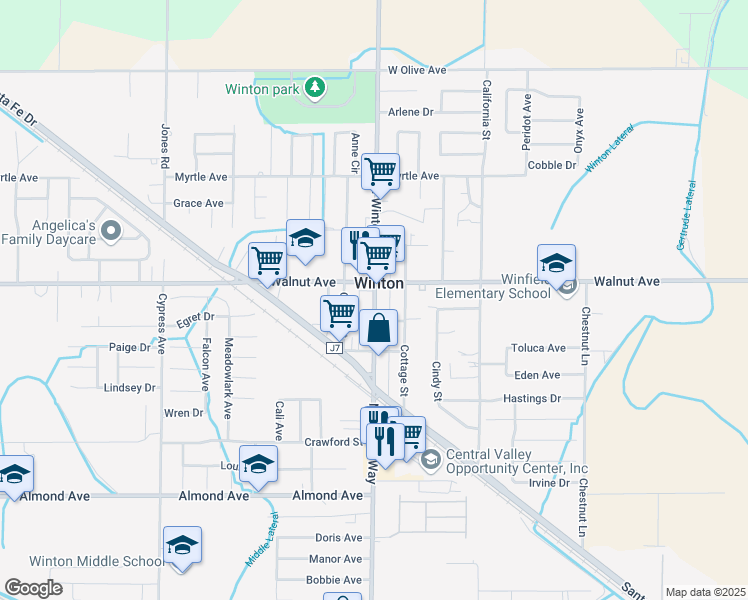 map of restaurants, bars, coffee shops, grocery stores, and more near in Winton