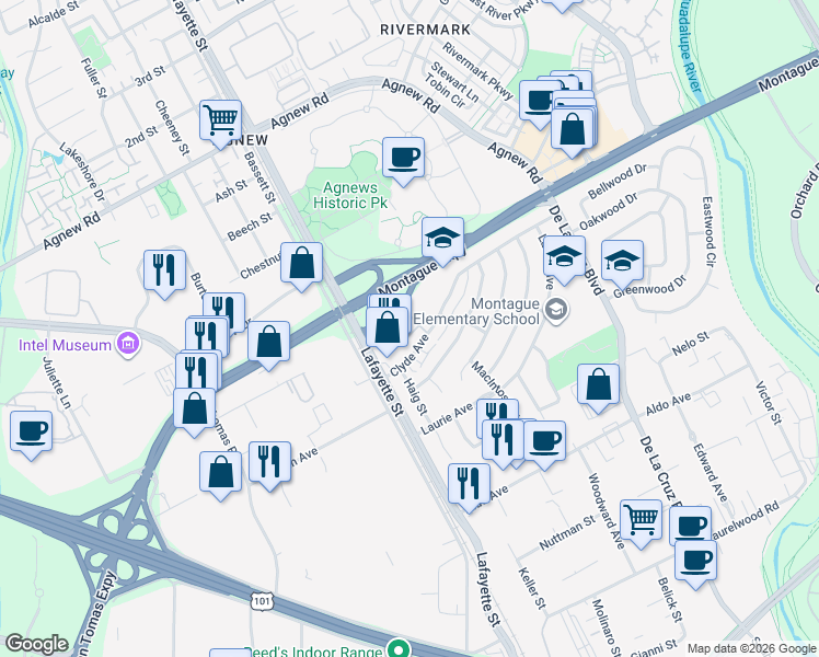 map of restaurants, bars, coffee shops, grocery stores, and more near Unnamed Road in Santa Clara
