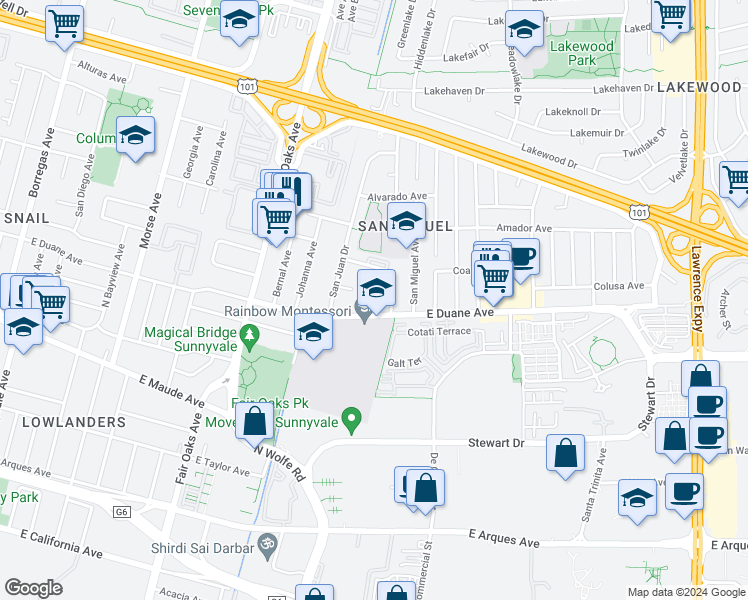 map of restaurants, bars, coffee shops, grocery stores, and more near 763 San Justo Court in Sunnyvale
