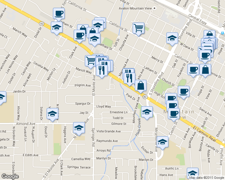 map of restaurants, bars, coffee shops, grocery stores, and more near 1000 Rich Avenue in Mountain View