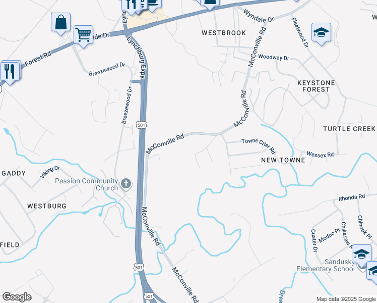 map of restaurants, bars, coffee shops, grocery stores, and more near 110 Millstone Road in Lynchburg