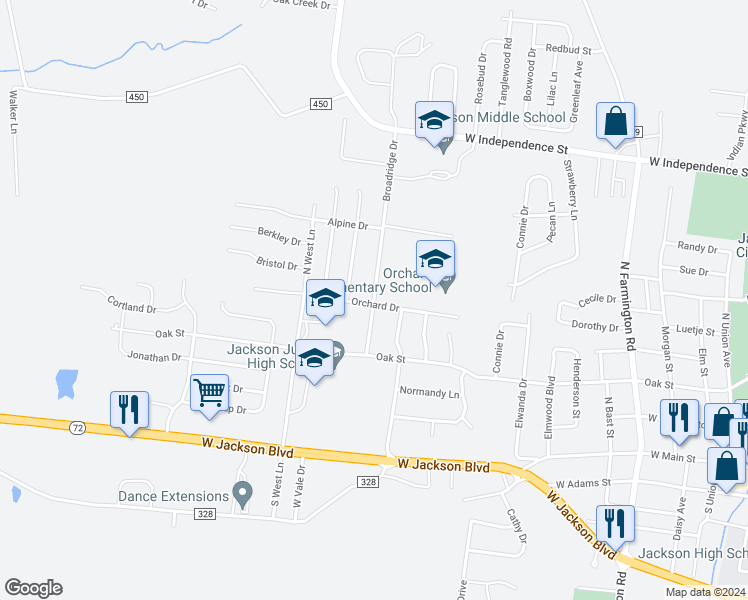 map of restaurants, bars, coffee shops, grocery stores, and more near 1922 Orchard Drive in Jackson